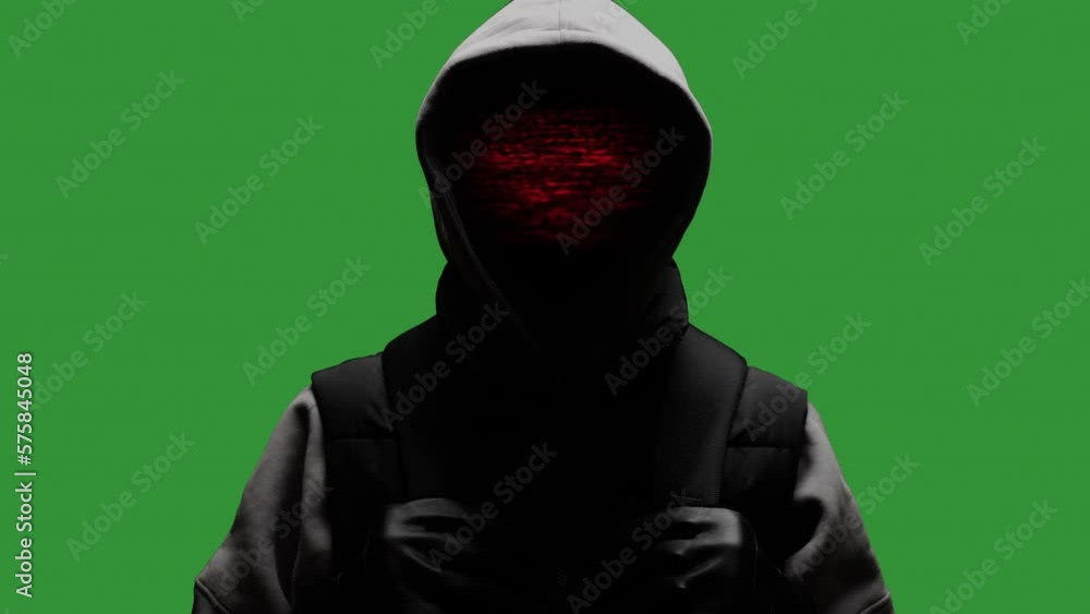Poster computer hacker with hoodie. green screen chroma key background. darknet fraud and cryptocurrency bi