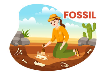 Fossil Illustration with Archaeologists Finds Dinosaurs Skeletons on Excavations or Digging Soil Layers in Flat Cartoon Hand Drawn Templates