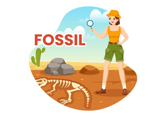 Fototapeta premium Fossil Illustration with Archaeologists Finds Dinosaurs Skeletons on Excavations or Digging Soil Layers in Flat Cartoon Hand Drawn Templates