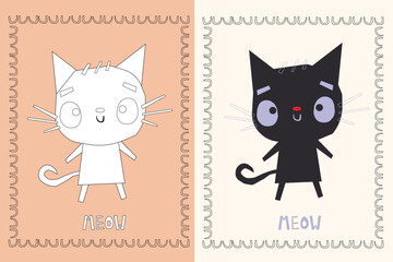 vector illustration of a cat in doodle style. double page with black cat illustration in color and without color, for children coloring