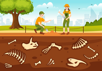 Fossil Illustration with Archaeologists Finds Dinosaurs Skeletons on Excavations or Digging Soil Layers in Flat Cartoon Hand Drawn Templates