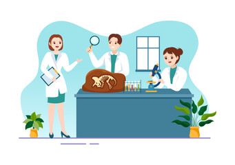 Fossil Illustration with Archaeologists Finds Dinosaurs Skeletons on Excavations or Digging Soil Layers in Flat Cartoon Hand Drawn Templates