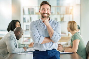 Leader, entrepreneur and startup founder smile for company strategy in a meeting with a positive mindset in a boardroom. Portrait, happy and business man confident, proud and excited for conference - obrazy, fototapety, plakaty