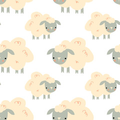 Cute sheep seamless vector pattern. Cartoon animal background .Hand drawn design in childrens style used for pattern fabric, textile, wallpaper.