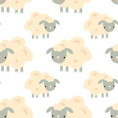 Cute sheep seamless vector pattern. Cartoon animal background .Hand drawn design in childrens style used for pattern fabric, textile, wallpaper.