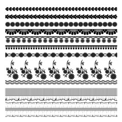 A collection of lace pattern elements for decorating clothes, shoes, bags.
Set of decorative tapes and borders.
Black lace, pattern repeat lace tape, scalloped edge, rib tape, flower embroidery. - obrazy, fototapety, plakaty