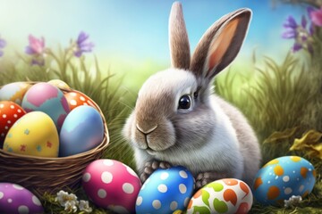 cute rabbit surrounded by colorful easter eggs.Generative AI.