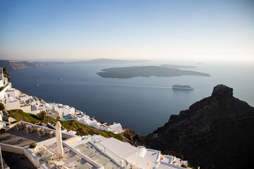 Domes, steeples, bells and white buildings of Santorini, Greece	