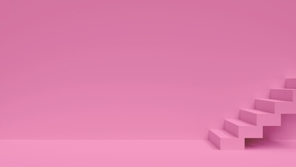 壁際に階段のあるピンク色の部屋、余白の広いシンプルな背景素材