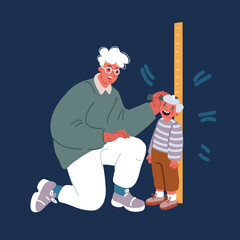 Cartoon vector illustration of Kindergarten teacher or father measuring boy kid height.