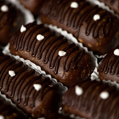 Chocolate cakes oval shape with chocolate topping and white cream. Baking in paper forms. Cake with cocoa. Copy space. Close-up. Top view.