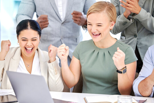 Laptop, excited women or team celebrate good online feedback, stock market achievement or ecommerce revenue. Crypto NFT winner, forex trading cheers or happy trader celebration for bitcoin success