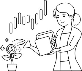 Female Entrepreneur Watering Flower in the Shape of a Coin Like an Investment Business