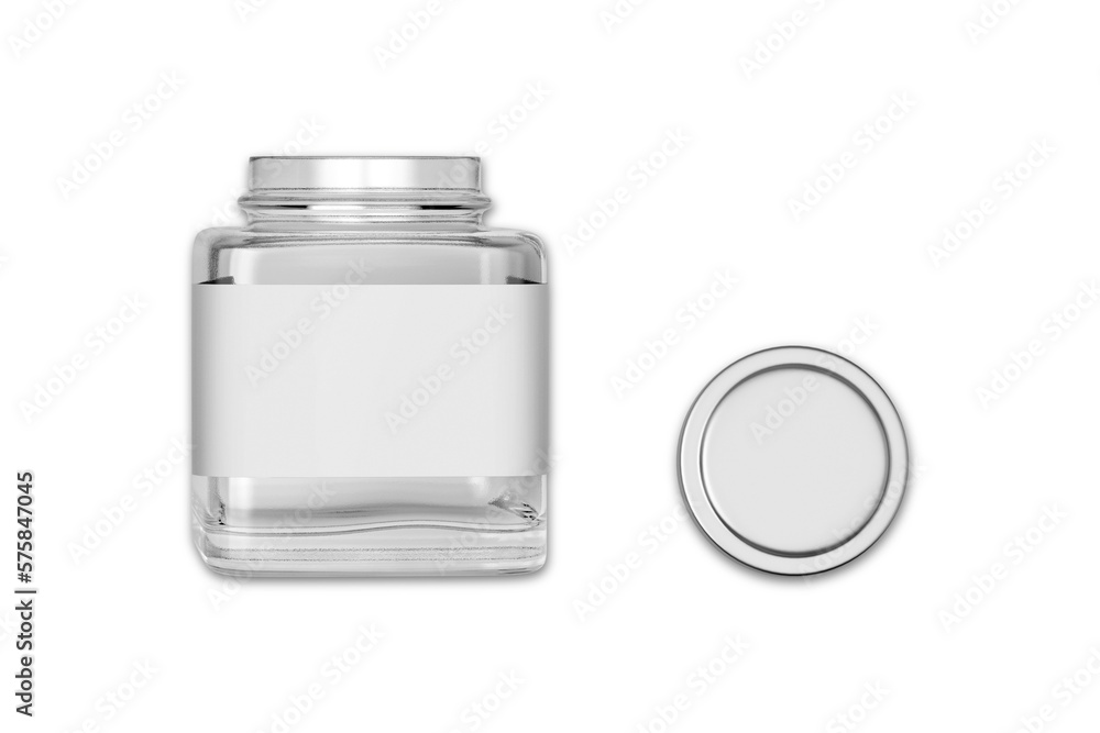 Poster glass jar for canning and conservation. square shape with right angles. with closed and open lid.bla