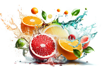 Fototapeta na wymiar Fruits splashing of juice. Splash of water on white background, Generative AI