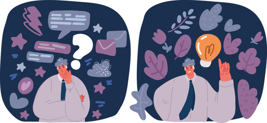 Cartoon vector illustration of Business idea, plan strategy and solution concept. Business man having solution, ideas lamp bulb metaphor.