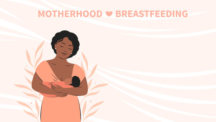 Banner about breastfeeding and motherhood. Woman  feeding baby. Tips for breastfeeding mothers. Vector illustration.