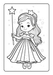 Fototapeta premium Coloring book page for girl children with cute queen princes unicorn mermaid vector illustration fantasy theme