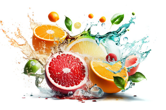 Fruits splashing of juice. Splash of water on white background, Generative AI