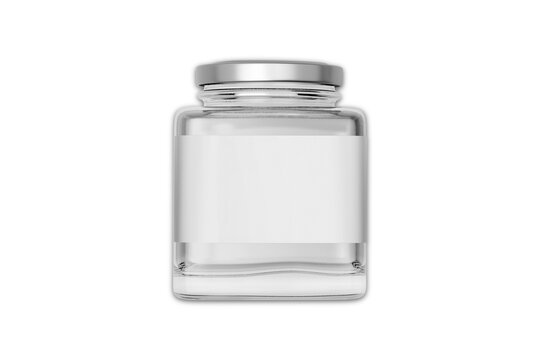 Glass jar for canning and conservation. Square shape with right angles. With closed and open lid.Blank clear square glass jar with  flat lid for supplements or food product.3d rendering.
