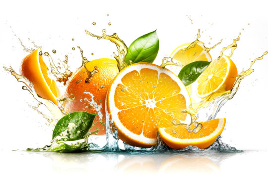 Fruit splashing of juice with orange with a splash of water on white background, Generative AI