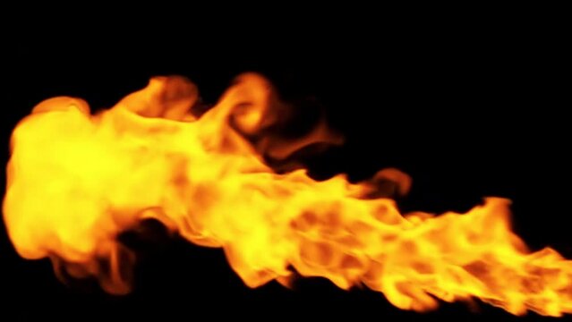 Fire, explosion, fire blast, fiery stream isolated on a black background. 4k slow motion raw video high quality. Filmed on high speed cinema camera, 1000fps. ProRes 422 HQ. Rec 2100 HLG.