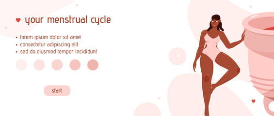 Menstrual cup with African-American woman. Landing page.