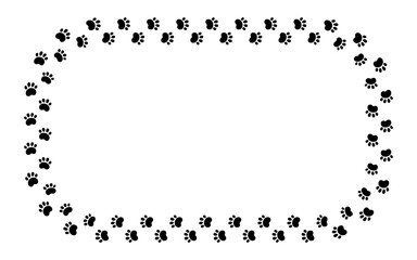 Dog paw print rectangle frame. Cute cat pawprint frame. Pet foot trail border. Black dog step silhouette. Simple doodle drawing. Vector illustration isolated on white background. © Elena Pimukova