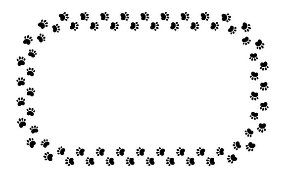 Dog paw print rectangle frame. Cute cat pawprint frame. Pet foot trail border. Black dog step silhouette. Simple doodle drawing. Vector illustration isolated on white background.