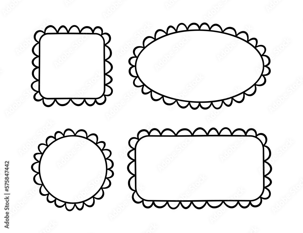 Poster doodle circle and square scalloped frames. hand drawn scalloped edge rectangle and ellipse shapes. s