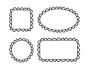 Doodle circle and square scalloped frames. Hand drawn scalloped edge rectangle and ellipse shapes. Simple label form. Flower silhouette lace frame. Vector illustration isolated on white background.