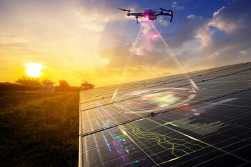 Flying Drone inspection explores and making data for solar cell panel at solar farm with visual...