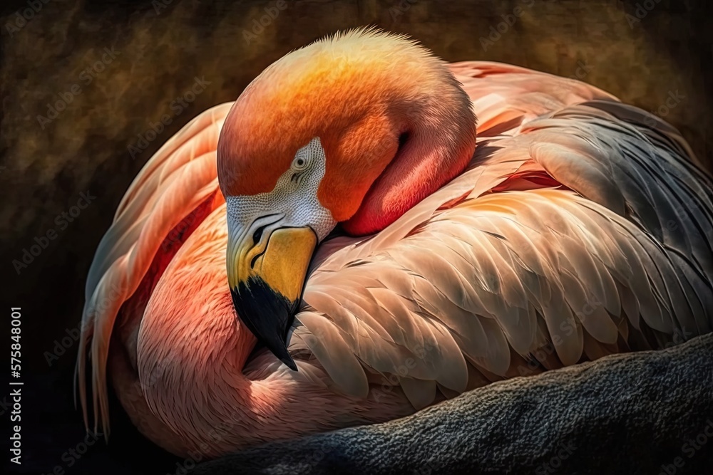 Poster a close-up of a snoozing, sunbathing flamingo generative ai