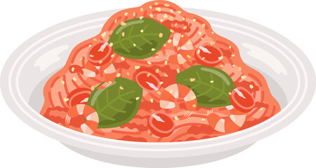 皿に盛り付けられた、トマトソースパスタのイラスト