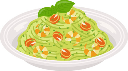 皿に盛り付けられた、ジェノベーゼパスタのイラスト