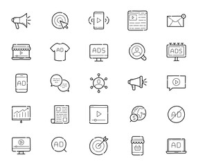 Digital marketing, business online advertising campaign icons. Hand drawn style. Vector illustration.