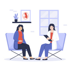 Flat design of pregnant woman visiting doctor for examination. Illustration for websites, landing pages, mobile apps, posters and banners. Trendy flat vector illustration