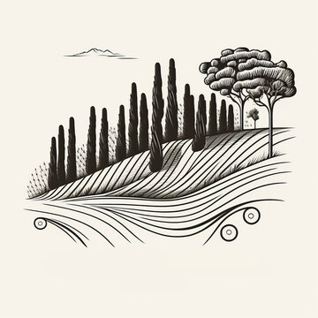 Vineyard with rows of grape vines. simple line drawing illustration style. Generative ai