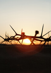 The cross, crown of thorns, nails and red sunset symbolizing the sacrifice and suffering of Jesus Christ, Passion Week and Lent concept
 - obrazy, fototapety, plakaty