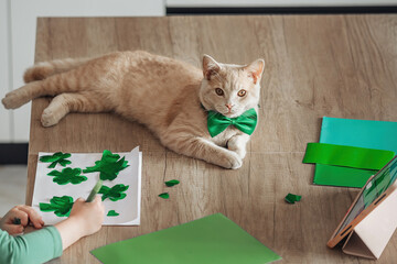 A little girl with a bandage on her head draws and cuts green shamrocks for St. Patrick's Day at a table at home in the kitchen, next to her is her beautiful cat with a green bow tie around his neck