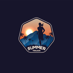 Summer Trail Run logo.Ultra Trail running logo vector illustration on gradient background.