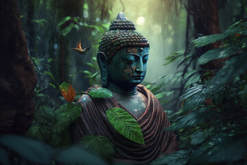 Buddha in a nature friendly peaceful tropical environment. Generative AI