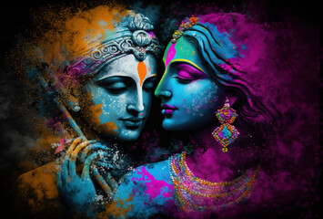 Hindu mythological couple Krishna and Radha in Holi festival concept. Generative AI - obrazy, fototapety, plakaty