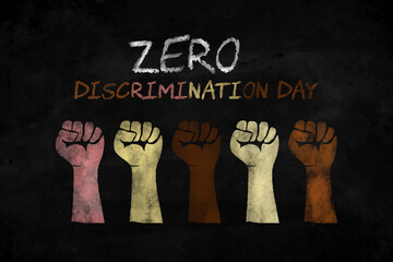 Zero Discrimination Day, 1 March. Hands of diverse ethnic groups of people united together against...