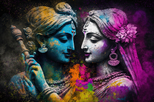 Hindu mythological couple Krishna and Radha in Holi festival concept. Generative AI