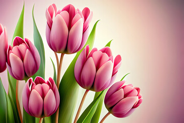 Exceptional Pink tulips floral Background with copy space, realistic. Generative Ai