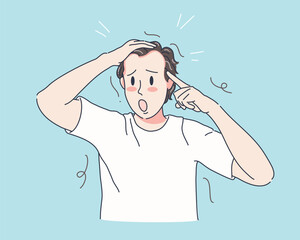 Young Man hand pointing to bald head with serious hair loss and thin hair problem for health care shampoo and beauty product concept, vector illustration