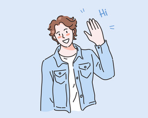 Young man waving say hello with happy and smiling, , friendly welcome gesture, vector illustration