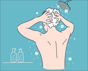 Man washing hair with shampoo in the bathroom, health care and medical concept, vector illustration