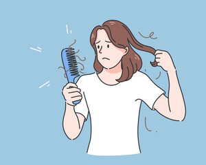 Woman holding comb with serious hair loss problem for health care shampoo and beauty product concep, vector illustration
